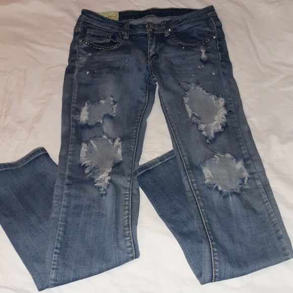 Destroyed Bling & Studded‎ Machine Jeans 7 - Picture 1 of 8